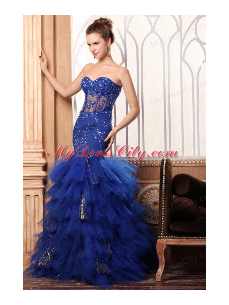 Sweetheart Mermaid Appliques and Ruffles Layered Prom Dress in Blue