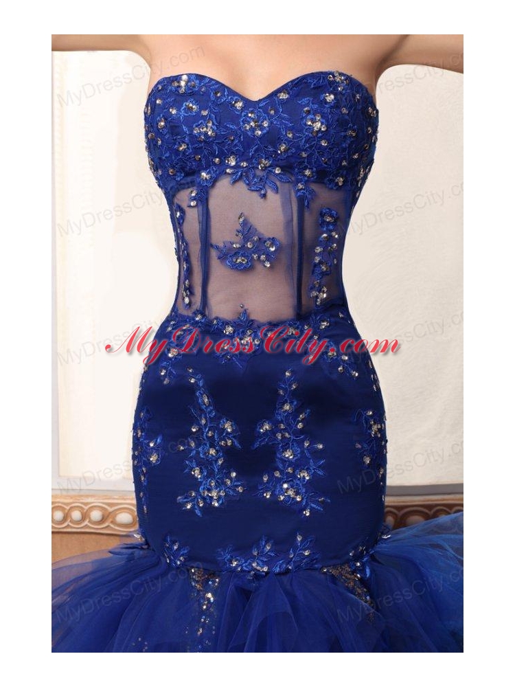 Sweetheart Mermaid Appliques and Ruffles Layered Prom Dress in Blue