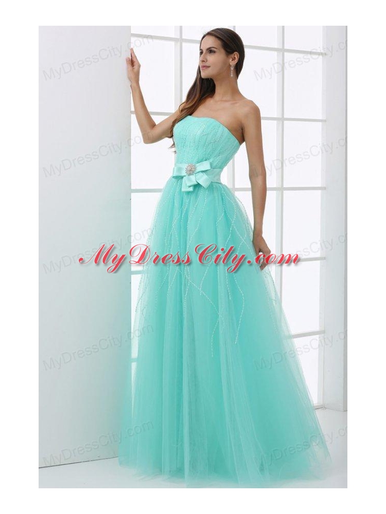 A-line Apple Green Strapless Sash Beading Tulle Prom Dress