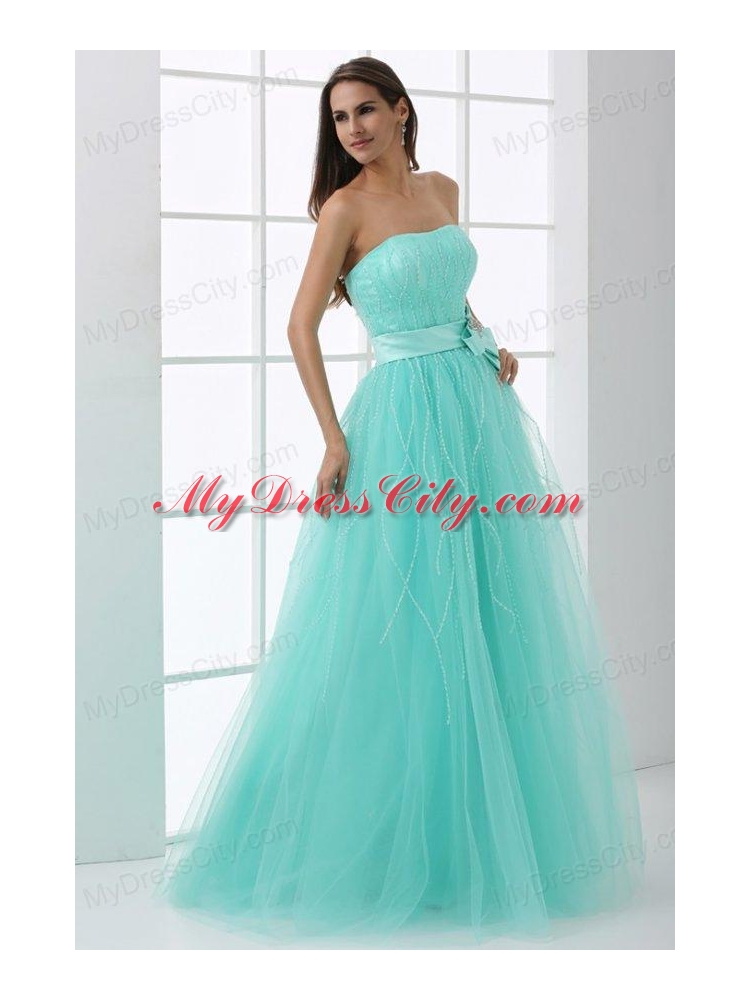 A-line Apple Green Strapless Sash Beading Tulle Prom Dress