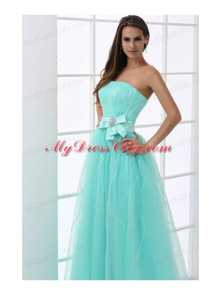 A-line Apple Green Strapless Sash Beading Tulle Prom Dress