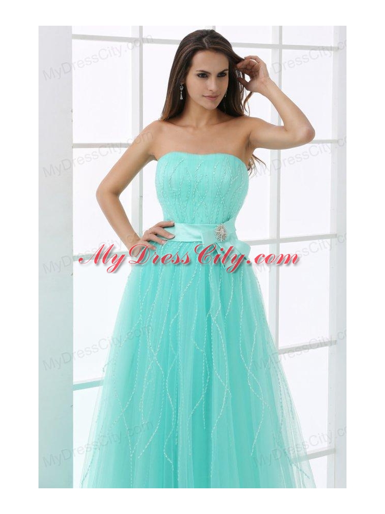 A-line Apple Green Strapless Sash Beading Tulle Prom Dress