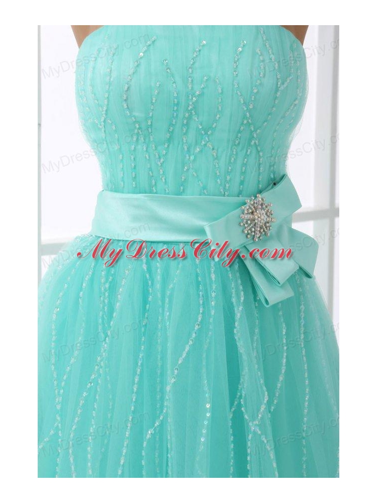 A-line Apple Green Strapless Sash Beading Tulle Prom Dress