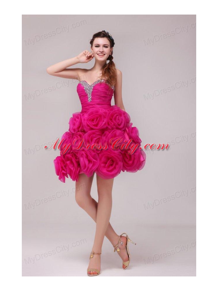 A-line Hot Pink Sweetheart Knee-length Hand Made Flowers Prom Dress