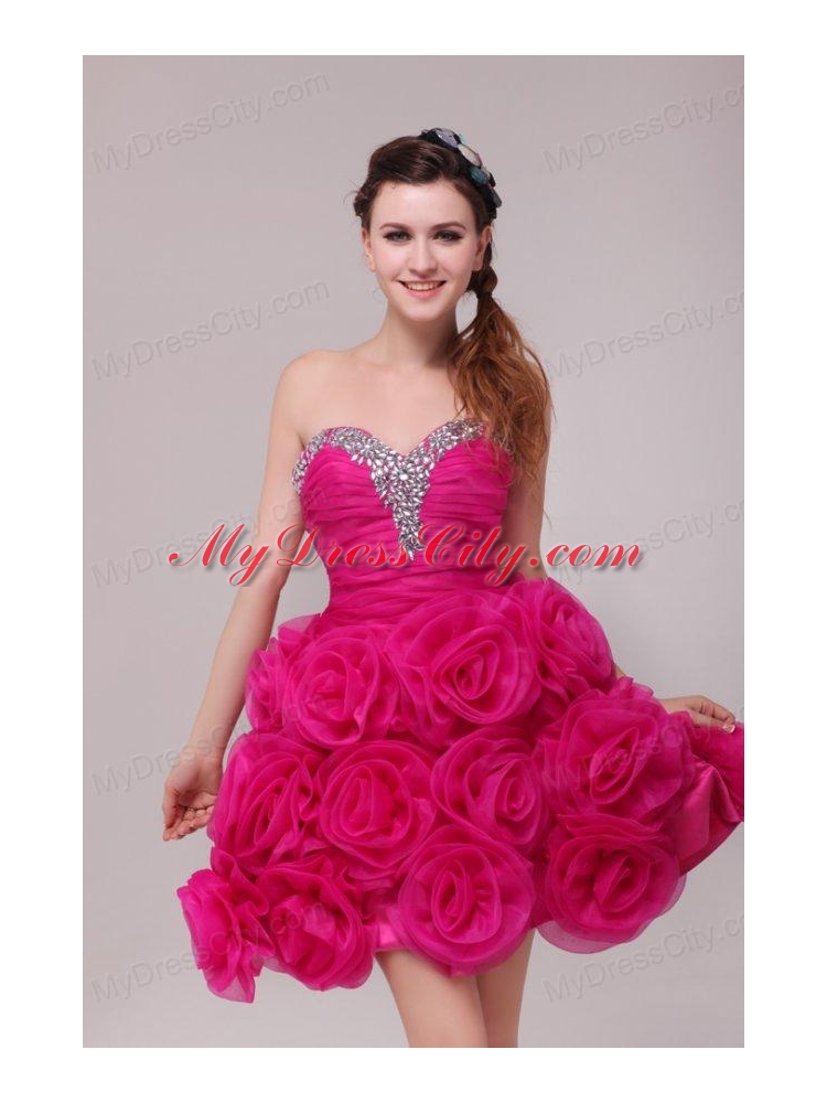 A-line Hot Pink Sweetheart Knee-length Hand Made Flowers Prom Dress