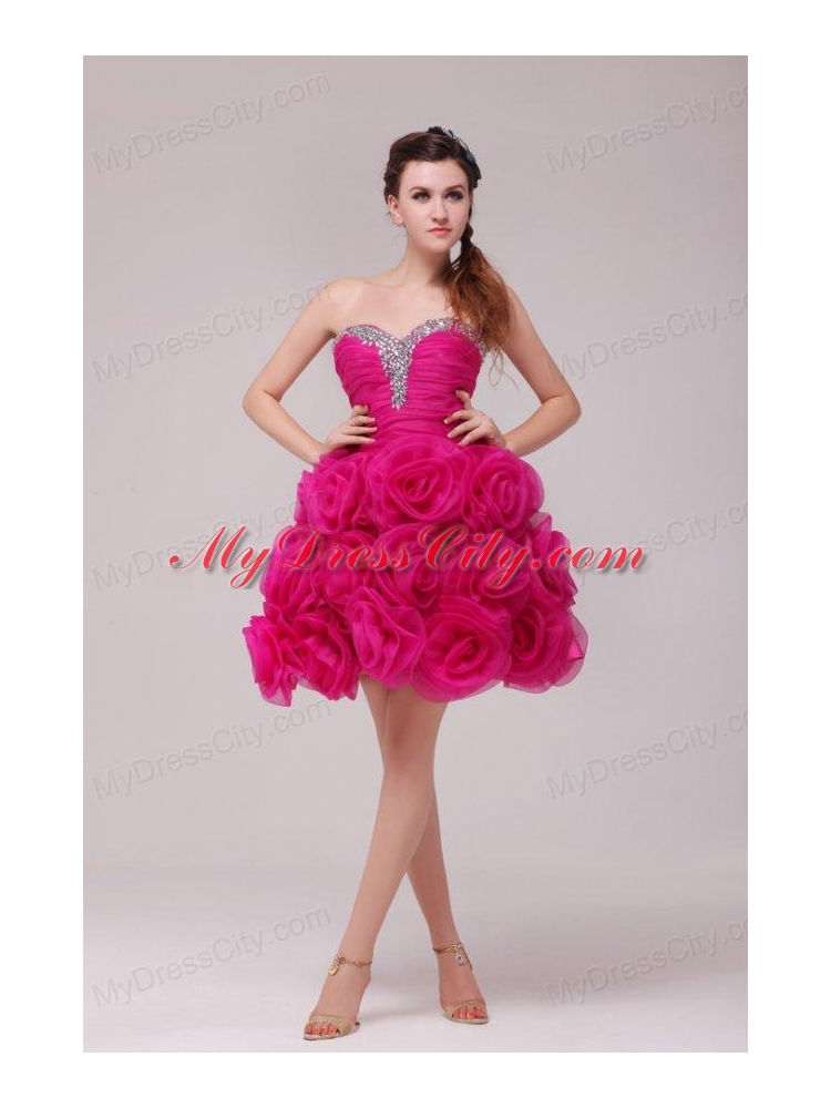 A-line Hot Pink Sweetheart Knee-length Hand Made Flowers Prom Dress