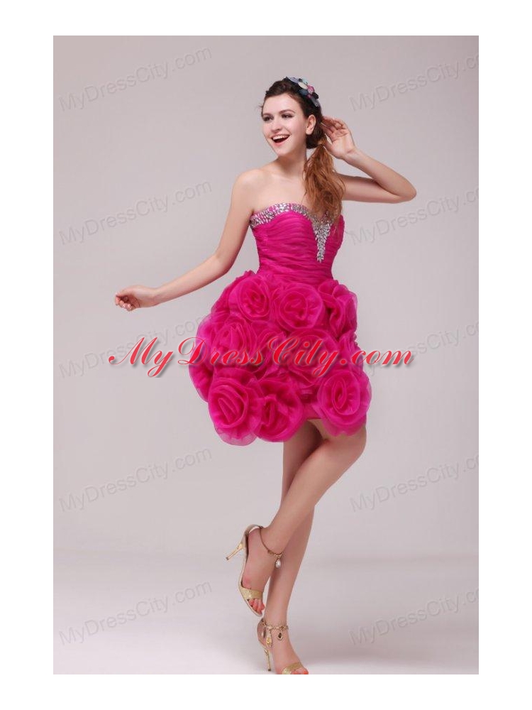 A-line Hot Pink Sweetheart Knee-length Hand Made Flowers Prom Dress