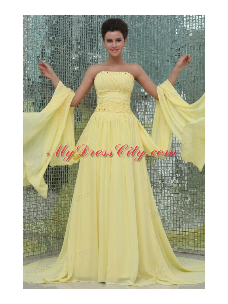 A-line Strapless Beading and Ruching Chiffon Light Yellow Prom Dress