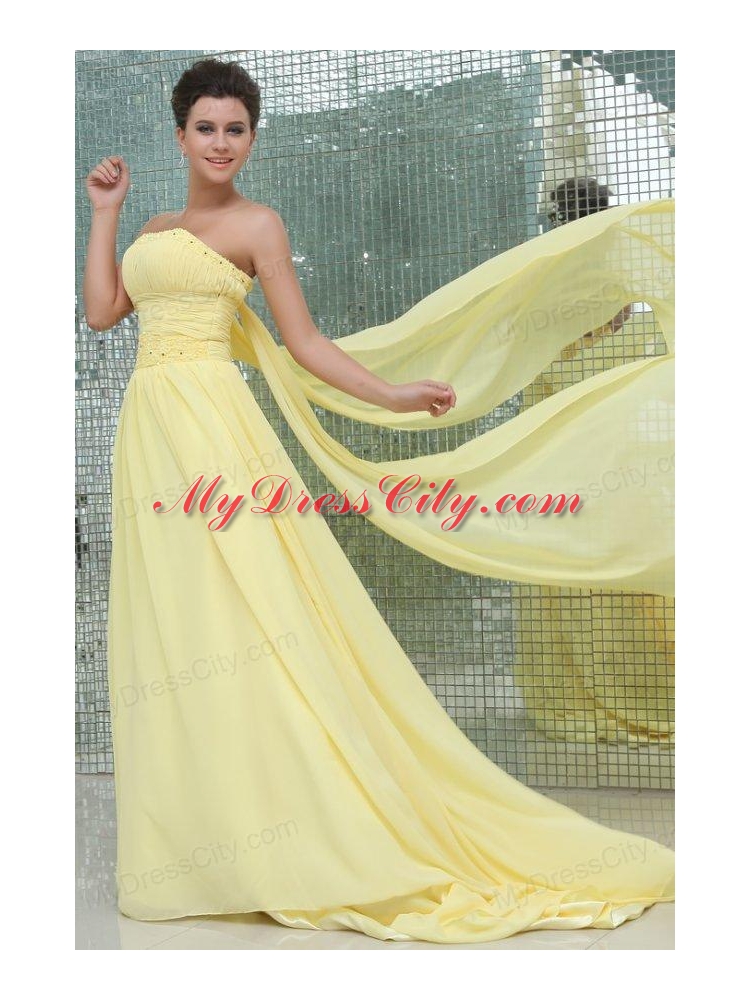 A-line Strapless Beading and Ruching Chiffon Light Yellow Prom Dress