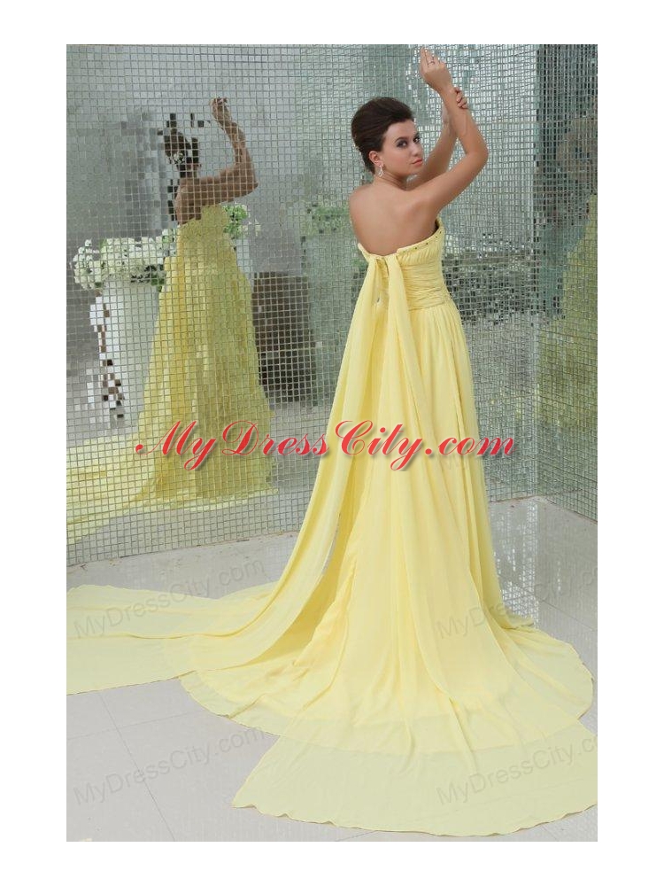 A-line Strapless Beading and Ruching Chiffon Light Yellow Prom Dress