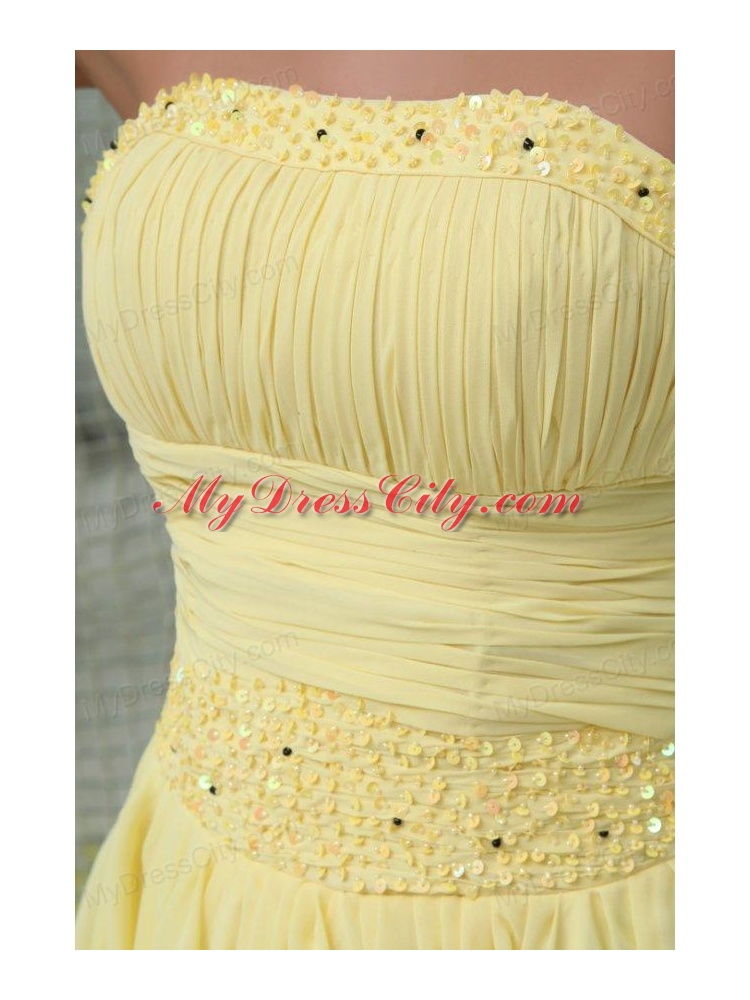 A-line Strapless Beading and Ruching Chiffon Light Yellow Prom Dress