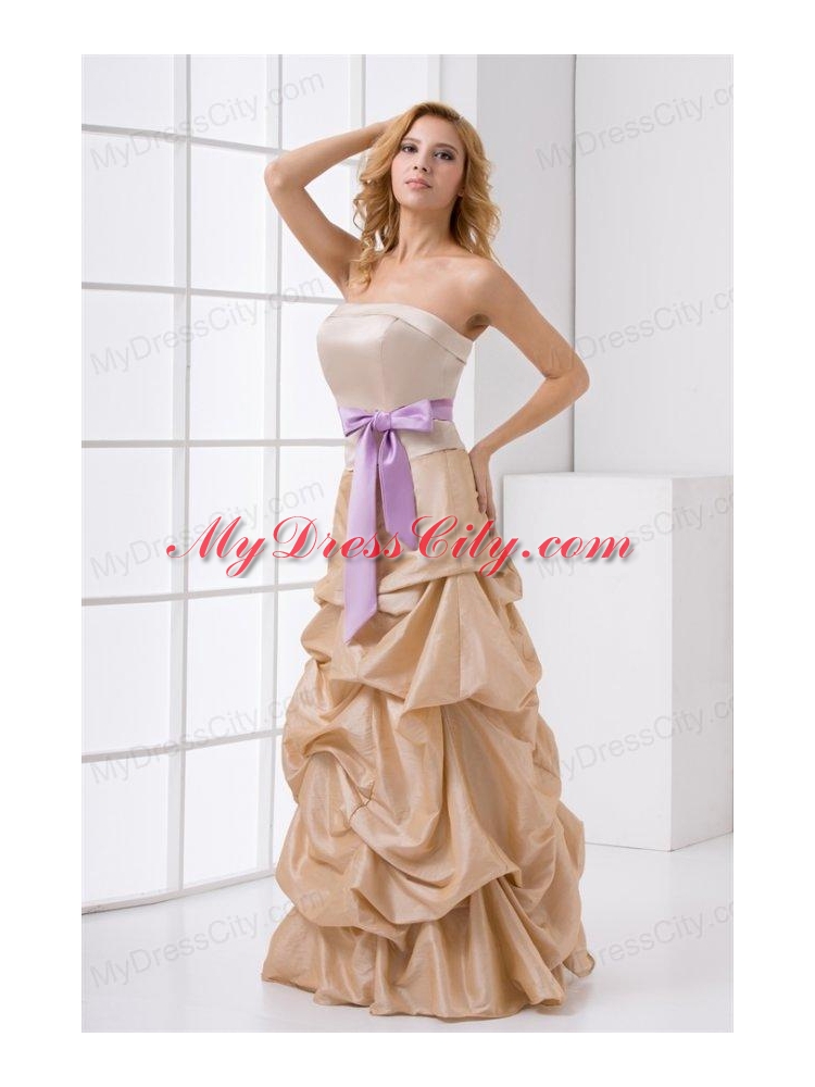 A-line Strapless Taffeta Champagne Prom Dress with Sashes