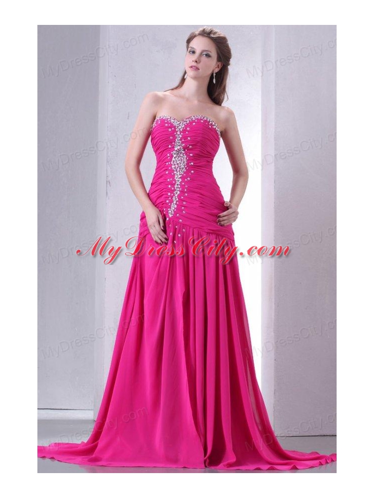 A-line Sweetheart Beading and Ruche Chiffon Prom Dress in Hot Pink