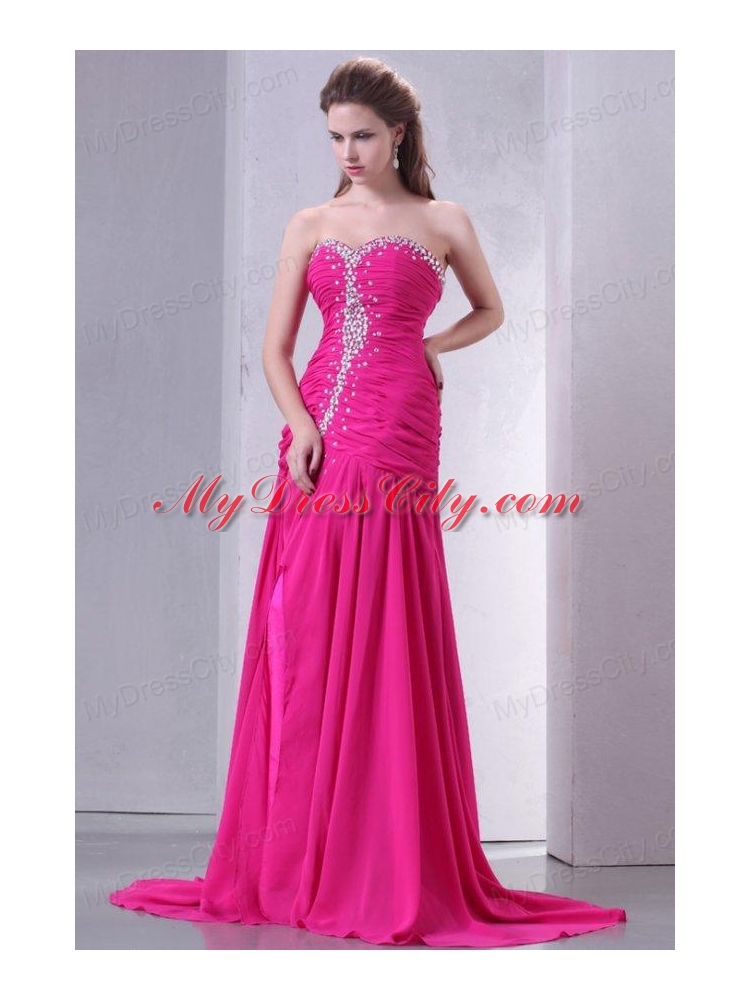 A-line Sweetheart Beading and Ruche Chiffon Prom Dress in Hot Pink