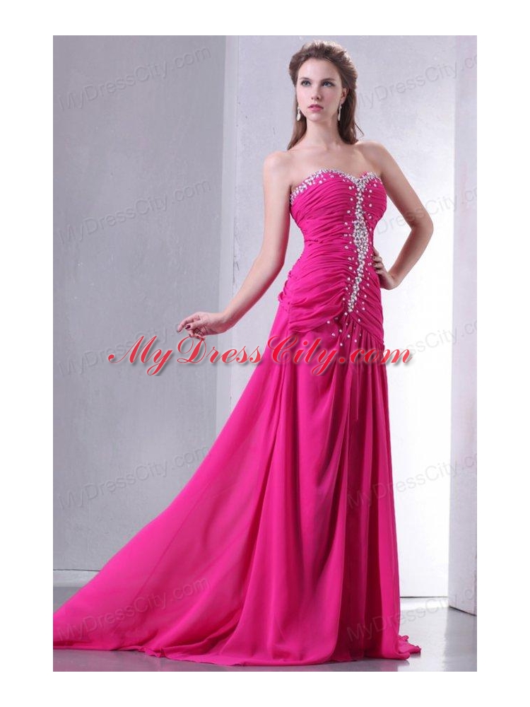 A-line Sweetheart Beading and Ruche Chiffon Prom Dress in Hot Pink