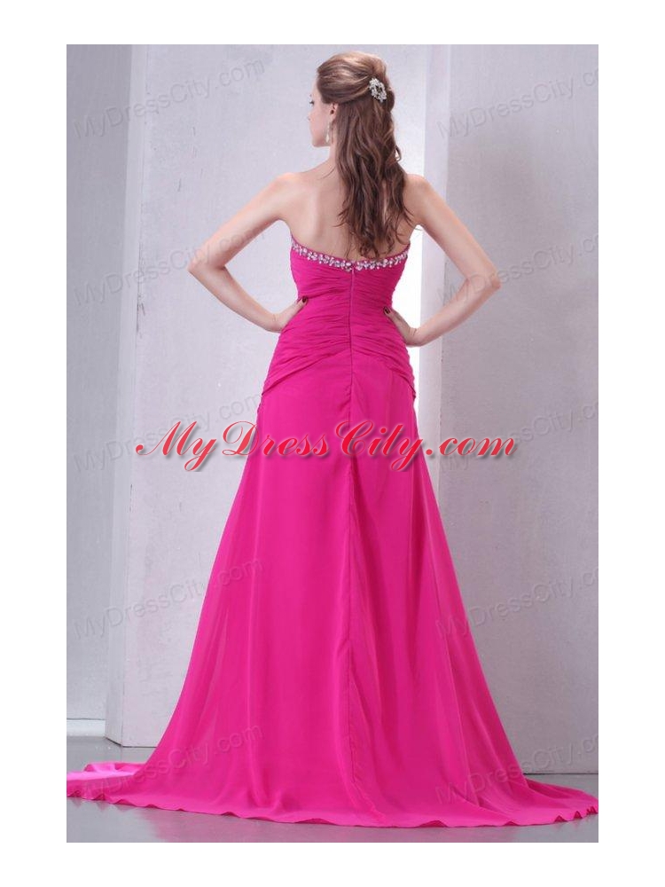 A-line Sweetheart Beading and Ruche Chiffon Prom Dress in Hot Pink