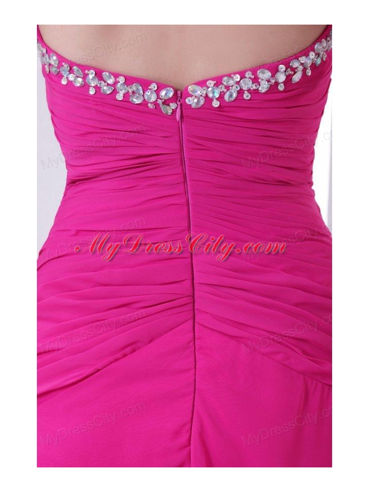 A-line Sweetheart Beading and Ruche Chiffon Prom Dress in Hot Pink