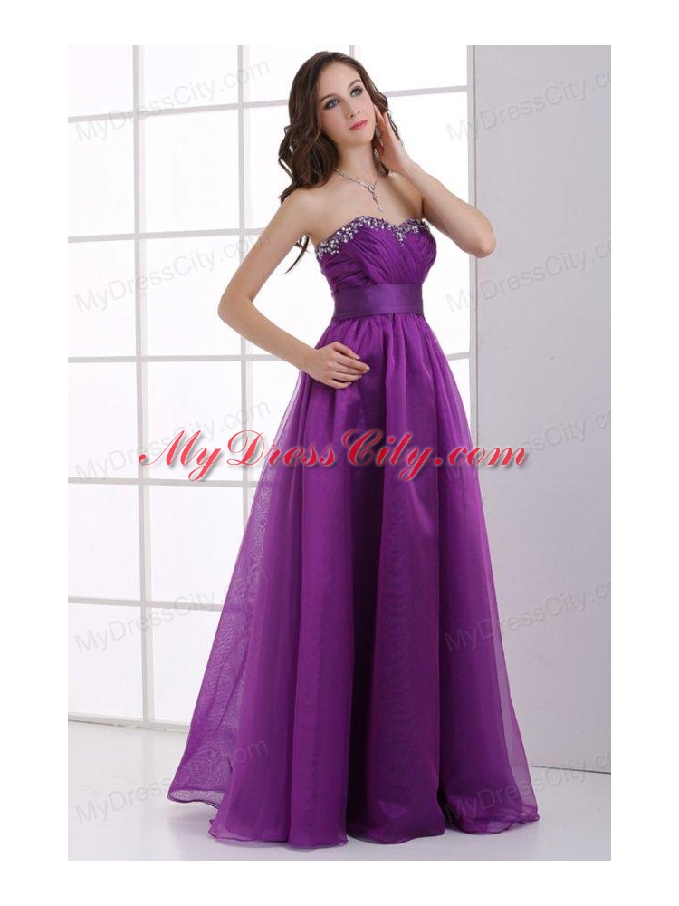 A-line Sweetheart Eggplant Purple Ruching Beading Chiffon Prom Dress