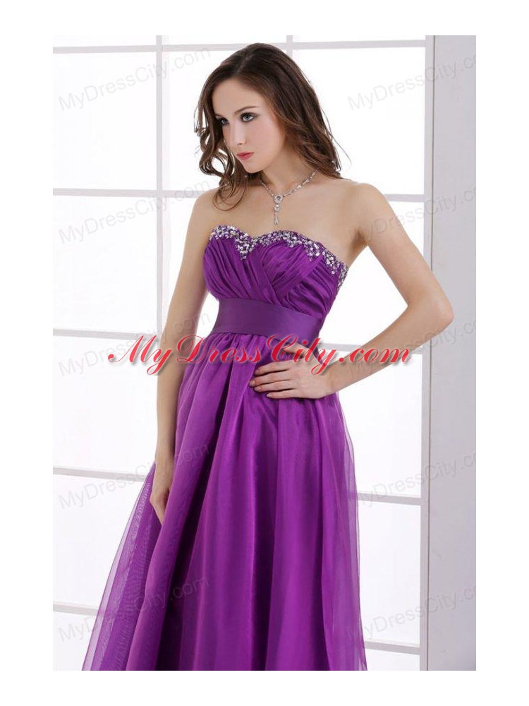 A-line Sweetheart Eggplant Purple Ruching Beading Chiffon Prom Dress