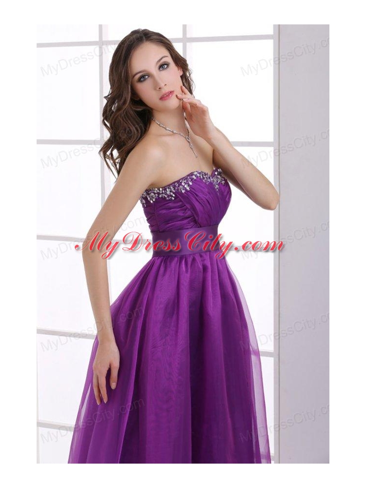 A-line Sweetheart Eggplant Purple Ruching Beading Chiffon Prom Dress