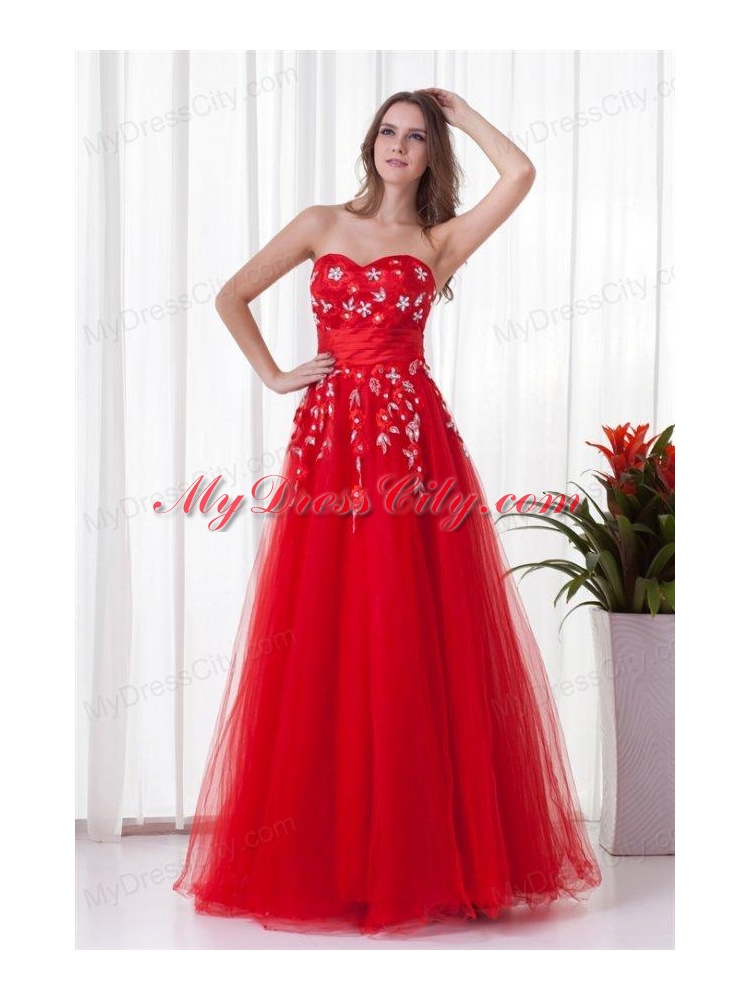 A-line Sweetheart Red Long Beading Tulle 2014 Prom Dress