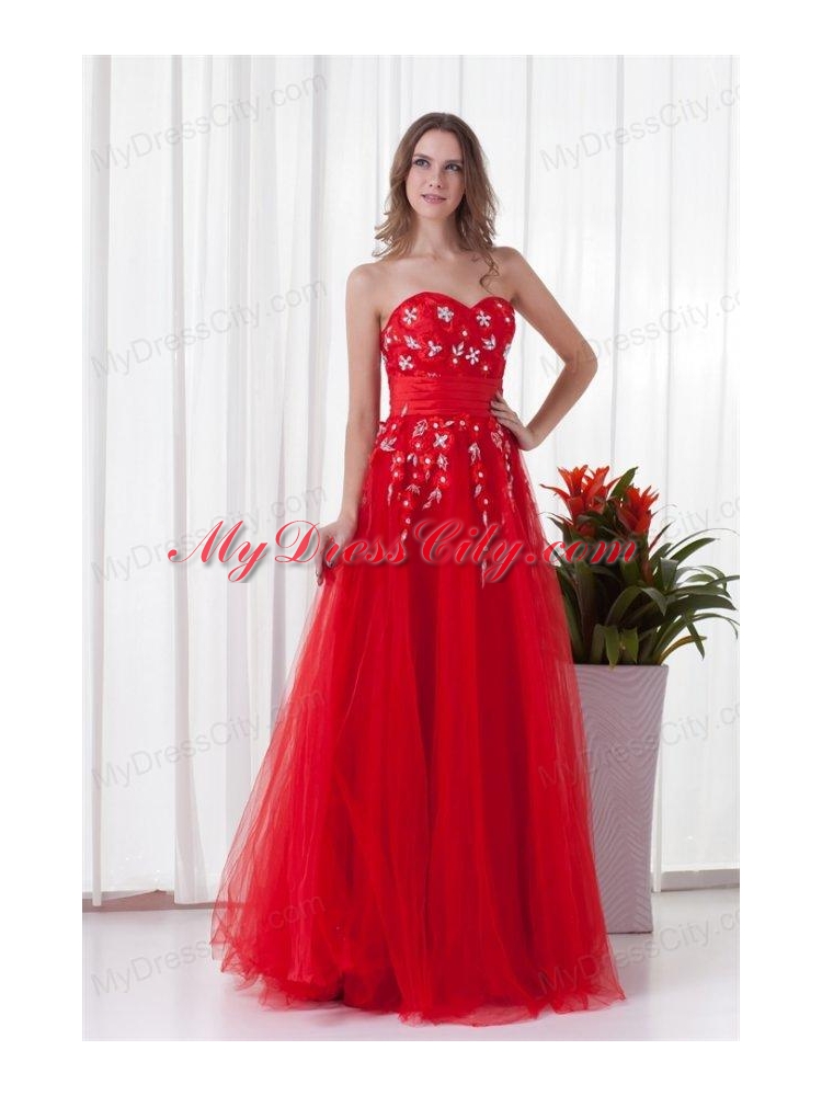 A-line Sweetheart Red Long Beading Tulle 2014 Prom Dress