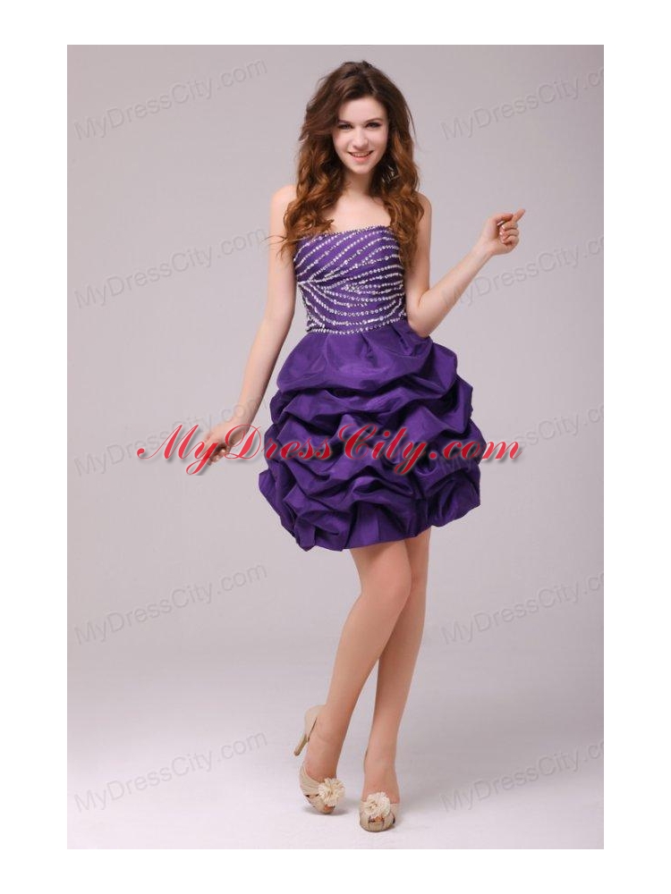 Beaded Purple Short Prom Dress Mini-length with Pick-ups