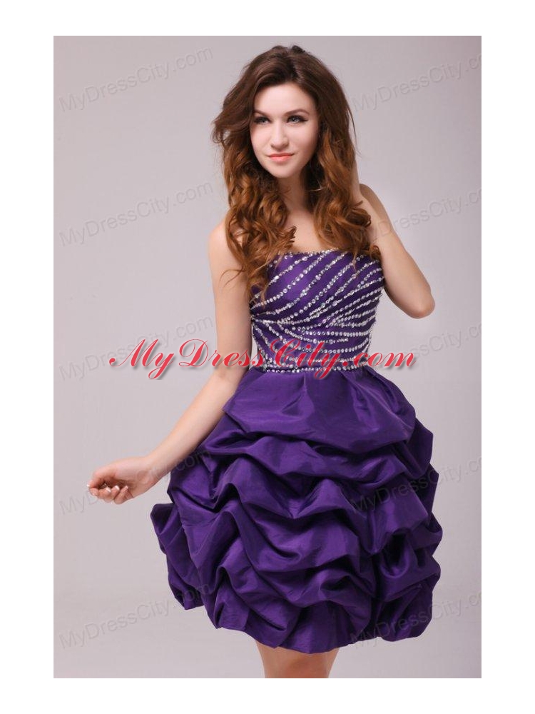 Beaded Purple Short Prom Dress Mini-length with Pick-ups