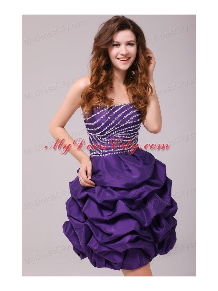 Beaded Purple Short Prom Dress Mini-length with Pick-ups