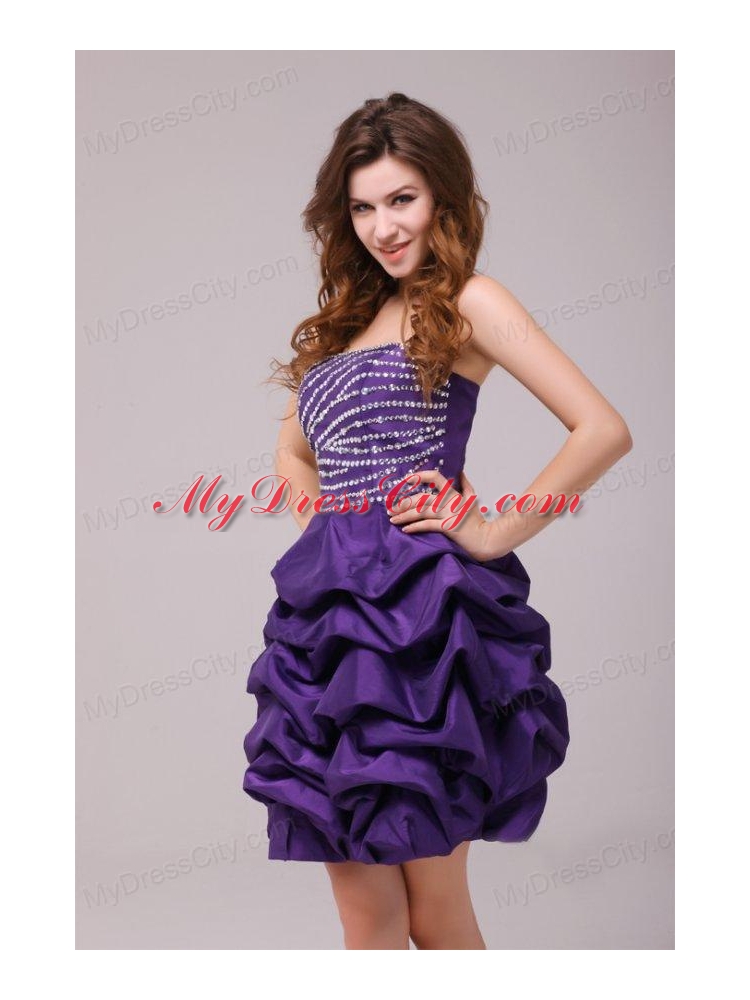 Beaded Purple Short Prom Dress Mini-length with Pick-ups