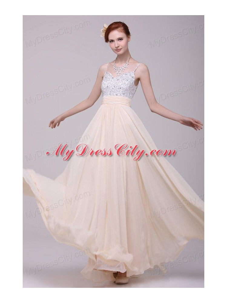 Champagne Spaghetti Straps Empire Chiffon Beaded Decorate Prom Dress