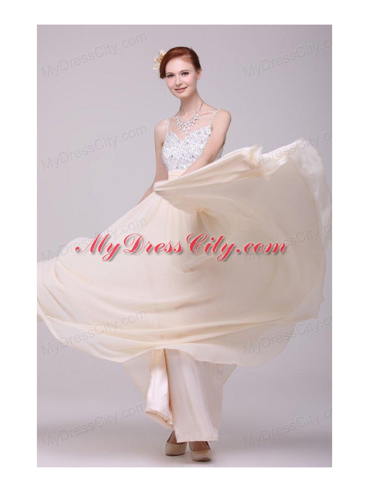 Champagne Spaghetti Straps Empire Chiffon Beaded Decorate Prom Dress