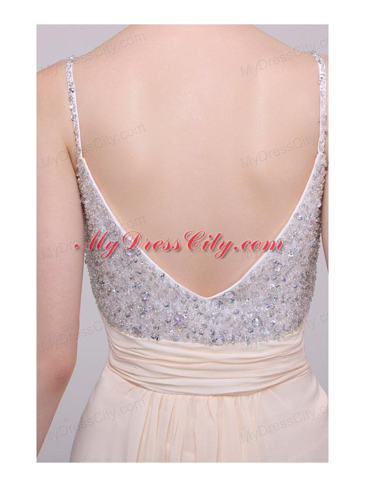 Champagne Spaghetti Straps Empire Chiffon Beaded Decorate Prom Dress