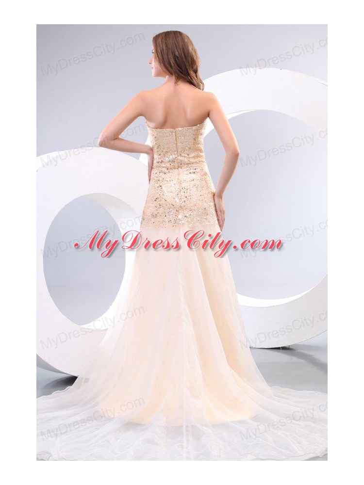 Champagne Sweetheart Rhinestone and Sequins A-line Prom Dress for Spring