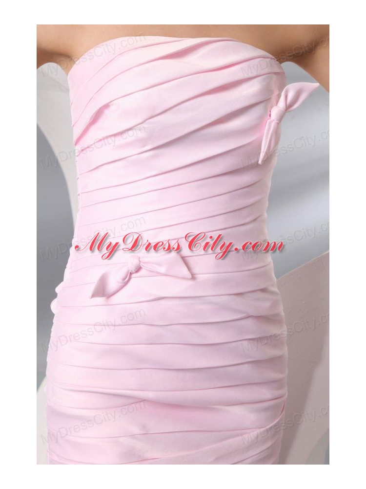 Column Baby Pink Strapless Ruching Short Prom Dress