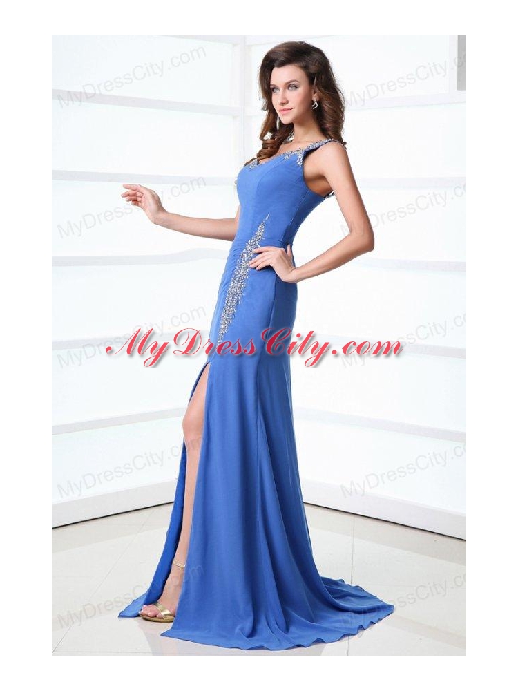 Column Blue One Shoulder Beading and Ruching High Slit Prom Dress