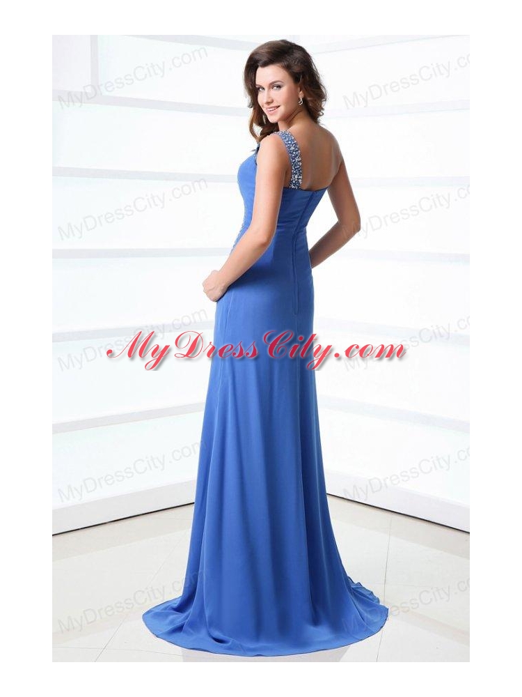 Column Blue One Shoulder Beading and Ruching High Slit Prom Dress