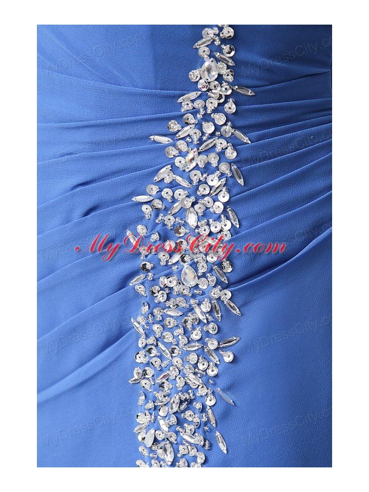 Column Blue One Shoulder Beading and Ruching High Slit Prom Dress