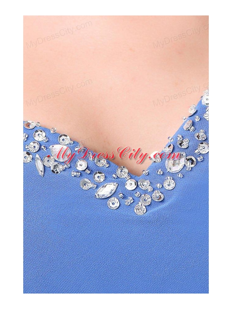 Column Blue One Shoulder Beading and Ruching High Slit Prom Dress