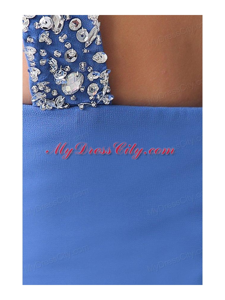 Column Blue One Shoulder Beading and Ruching High Slit Prom Dress