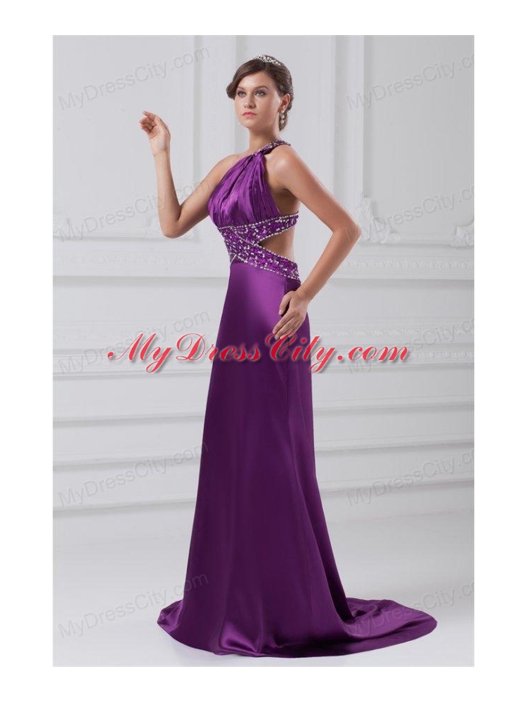 Column One Shoulder Brush Train Elastic Woven Satin Beading Purple Prom Dress