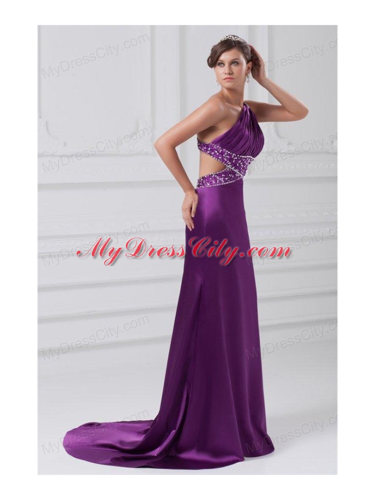 Column One Shoulder Brush Train Elastic Woven Satin Beading Purple Prom Dress