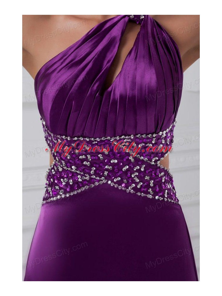 Column One Shoulder Brush Train Elastic Woven Satin Beading Purple Prom Dress