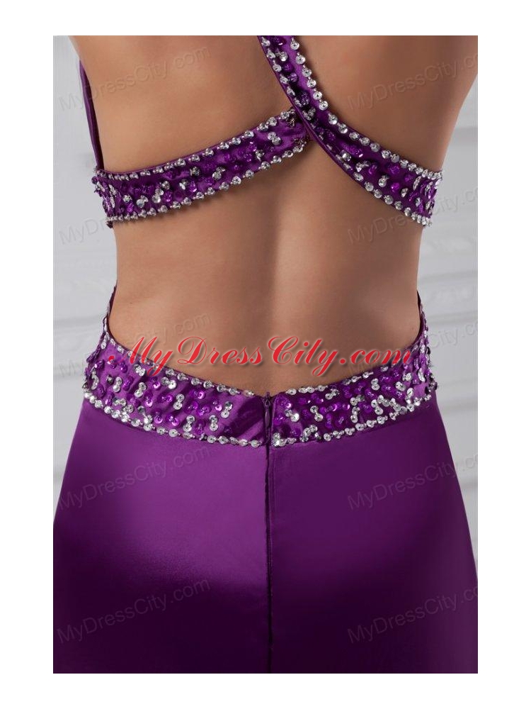 Column One Shoulder Brush Train Elastic Woven Satin Beading Purple Prom Dress