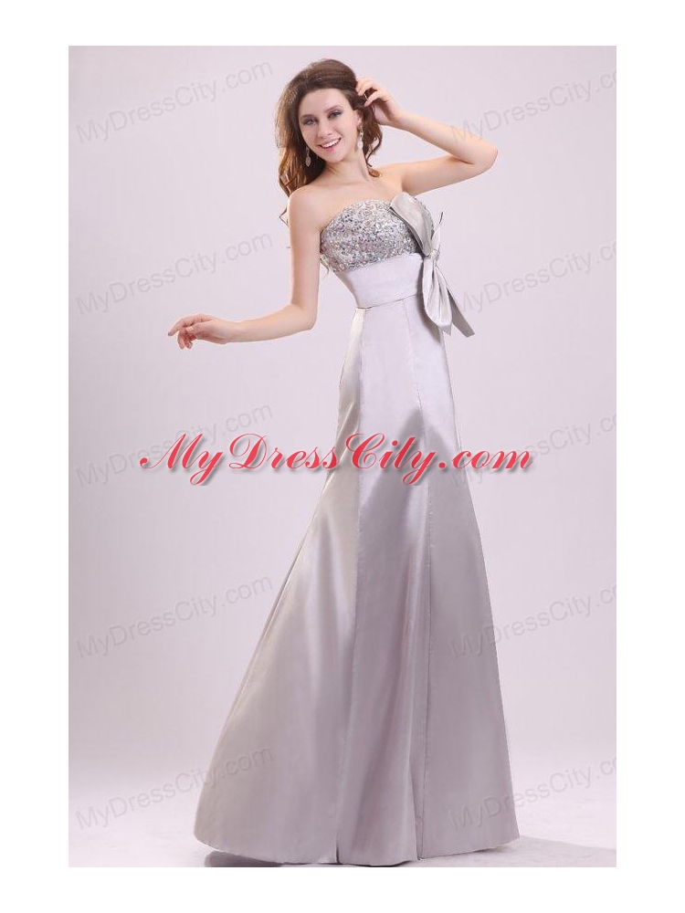 Column Strapless Beading and Bowknot Grey Taffeta Prom Dress with Floor-length