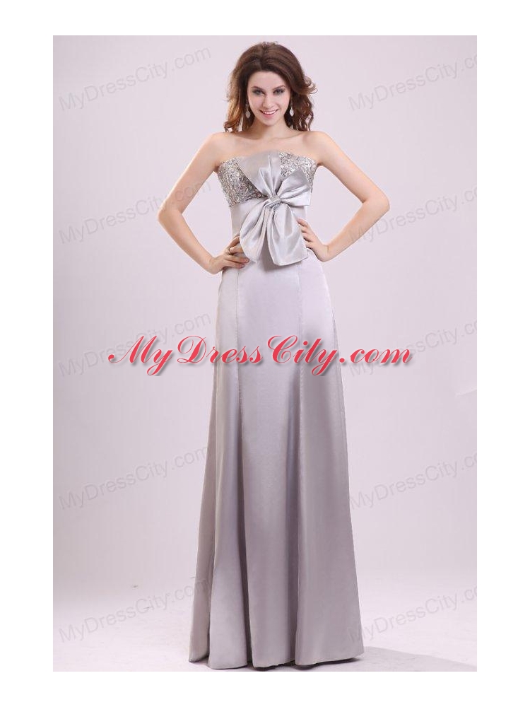 Column Strapless Beading and Bowknot Grey Taffeta Prom Dress with Floor-length