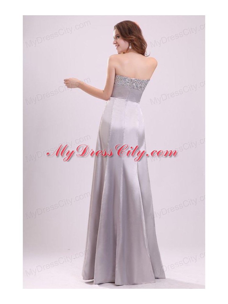 Column Strapless Beading and Bowknot Grey Taffeta Prom Dress with Floor-length