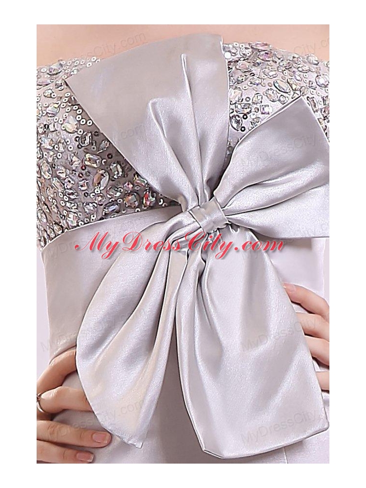 Column Strapless Beading and Bowknot Grey Taffeta Prom Dress with Floor-length