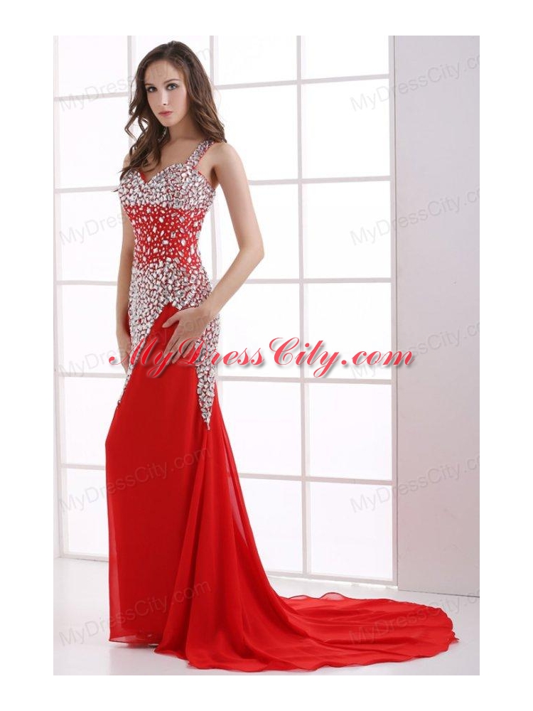 Column Wine Red Beading Straps Court Train Chiffon Prom Dress