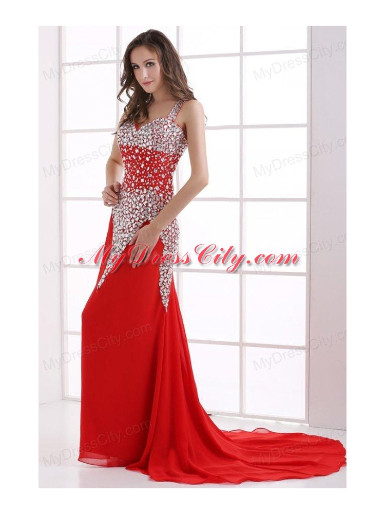 Column Wine Red Beading Straps Court Train Chiffon Prom Dress